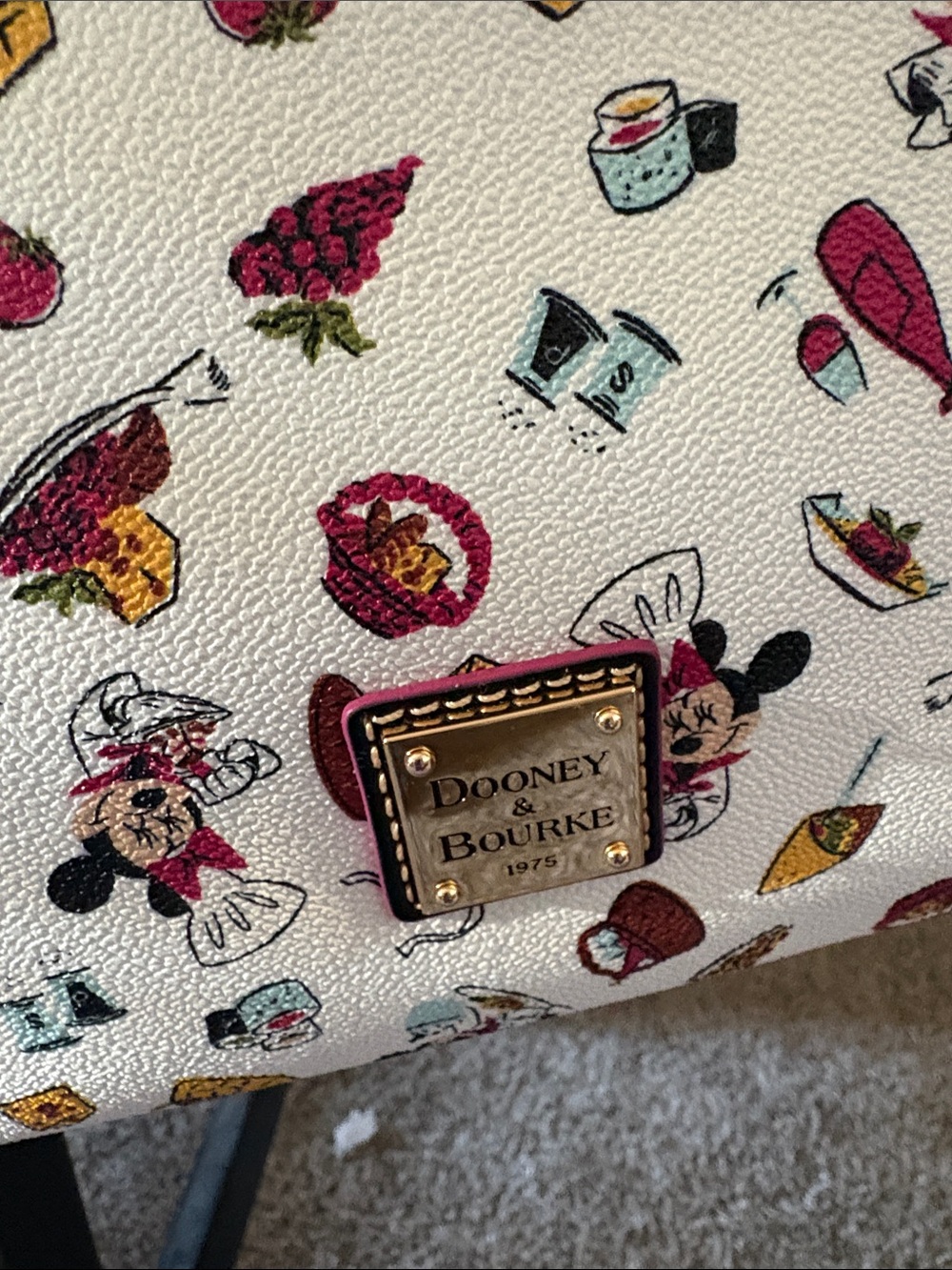 Dooney & Bourke White Minnie Mouse Patterned Shoulder Bag with Burgundy Trim - Picture 2 of 3